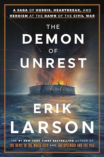 book cover for The Demon of Unrest, with ship on fire in the water