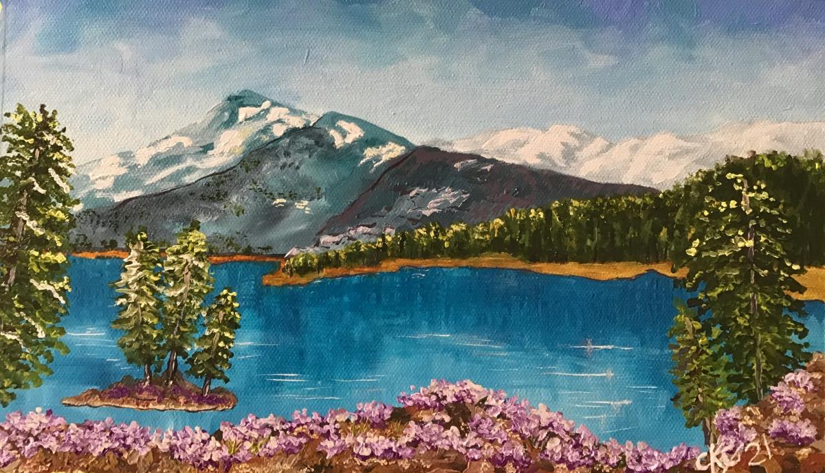 A painting of a lake and trees.