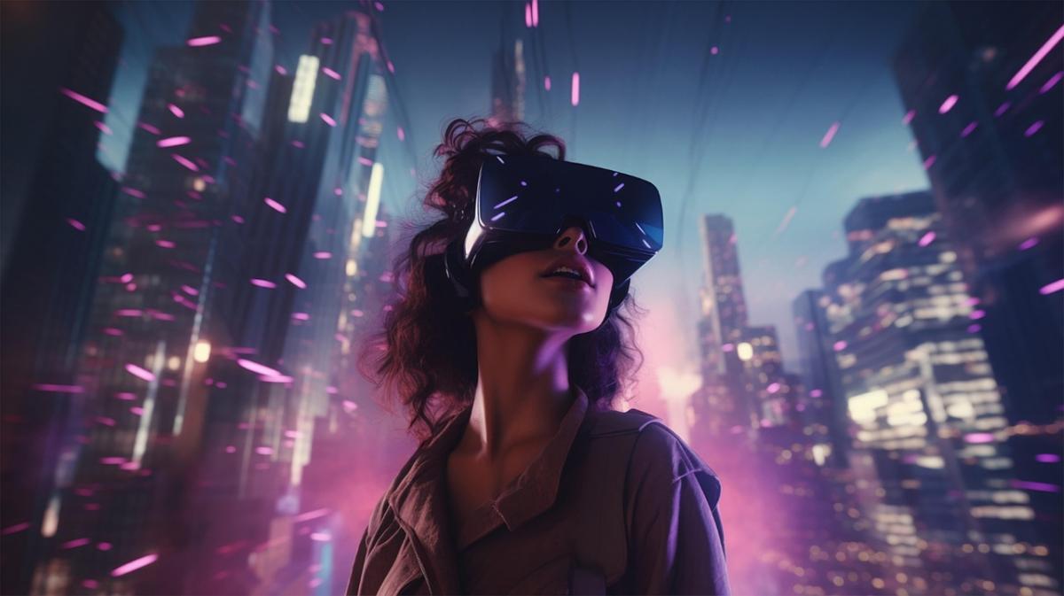 Teen girl wearing virtual reality goggles looking at a city scape