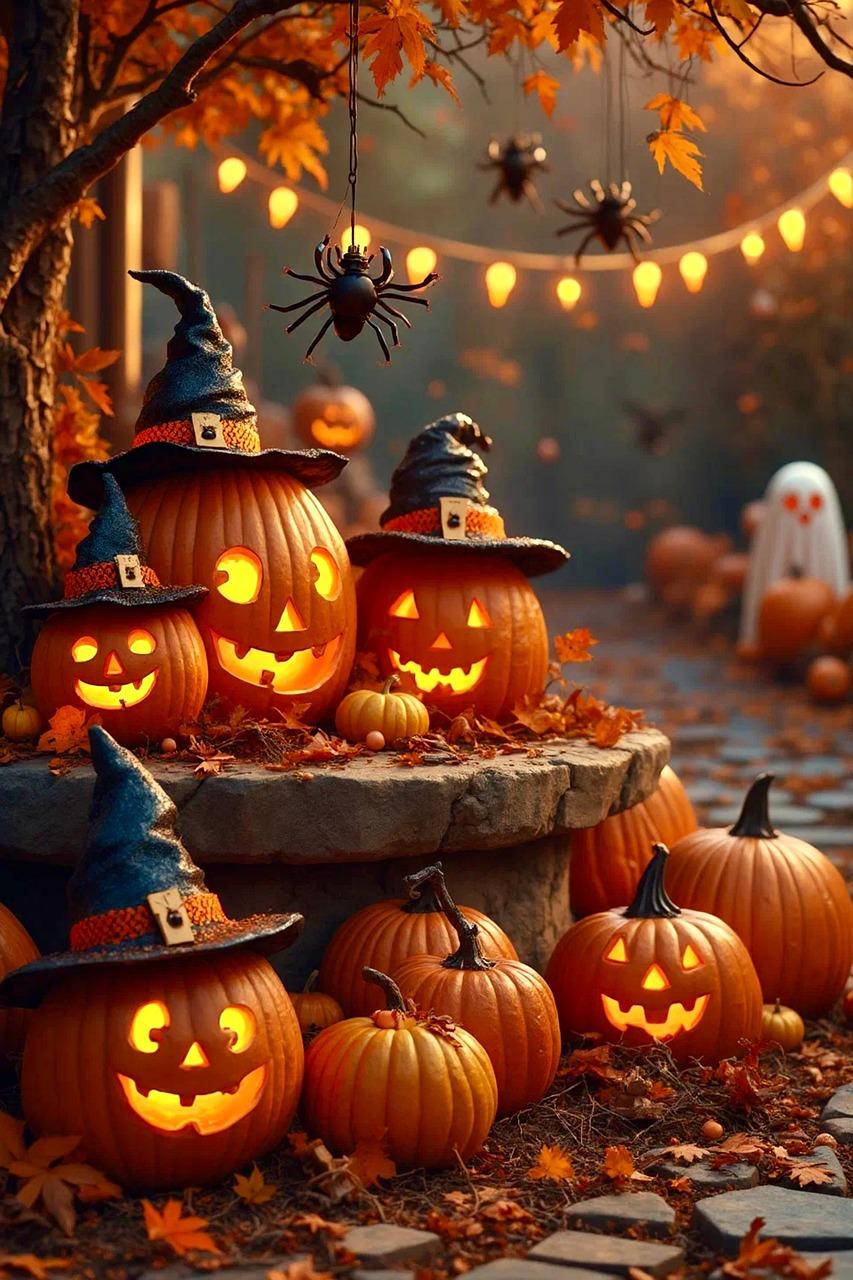 Fall scene with jack-o-lanters wearing witch hats, fall leaves, and garlands